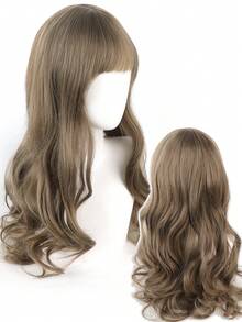 Long Wavy Synthetic Fiber Wig With Bangs, Natural Looking Soft Hairpiece With Breathable Rose Lace Inner Net, Women's Halloween Daily Wear Cosplay Wear Wig - Multicolor - View 11