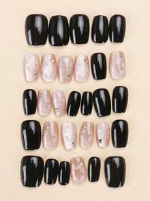 30pieces Press On Nails Short Square Black And Nude Pink Cat Eye Star Pattern With Rhinestone False Nails Set Including Jelly Glue And Nail File Suitable For Gatherings And Daily Use - 彩色 - 查看 2
