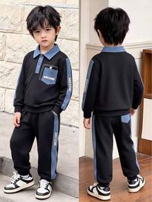 Boys' Collared Half-Open Front Pocket Denim Patchwork Sweatshirt And Letter-Print Denim Patchwork Side Seam Trousers - Black - View 3