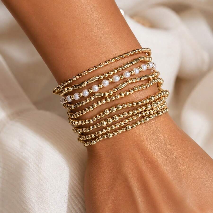 9pcs Bohemian Style Handmade Beaded Elastic Bracelet Set, Multi-Layer Stackable Bracelets, Suitable For Women's Daily, Vacation, Party Wear - Gold - View 1