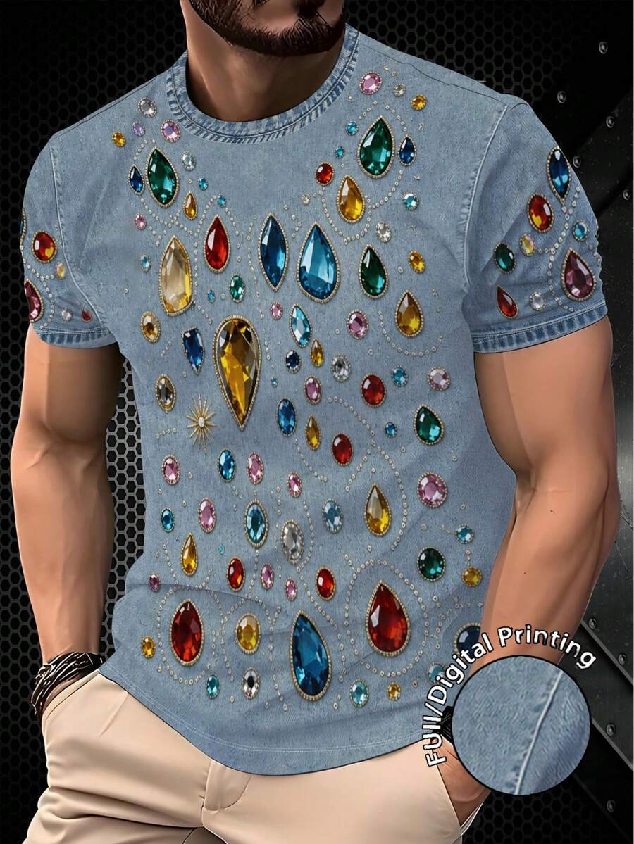 Faux Denim Colorful Gem Pattern Round Neck Short Sleeve, Light Denim Base With Full-Print Colorful Gemstone Graphic, Polka Dot Lines Outline Gemstone Contours, Overall Digital Print Delicate And Realistic, Summer Soft And Breathable Fabric, Loose Fit Suitable For Shopping, Dating And Various Casual Occasions - White - View 1