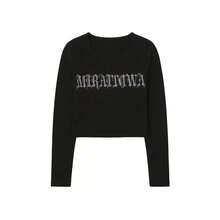 Kaos Wanita Lengan Panjang Hitam Pas Badan dengan Desain Rhinestone Mewah, Atasan Dalaman Pelangsing, Atasan Minimalis Modis untuk Musim Gugur - Hitam - View 12