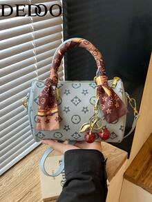 Dedoo Vintage Printed Mini Barrel Handbag With Scarf Decoration, Detachable Shoulder Strap, Women's Multi-Functional Shoulder Crossbody Bag (Scarf/Cherry Style, Random Color) - Blue - View 5