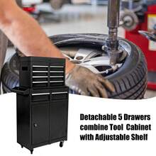 Heavy Duty Metal Tool Chest, 5-Drawer Rolling Cabinet With Lockable Wheels, Ball Bearing Slides 15Kg Capacity, Detachable Top, Hanging Panel, For Garage Workshop Auto Repair, Black-XY354994 - 1 - View 3