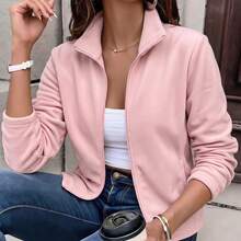 Women's Pink Stand Collar Fleece Jacket, Warm Thickened Long Sleeve Regular Fit, Suitable For Autumn/Winter Wear - Pink - View 2