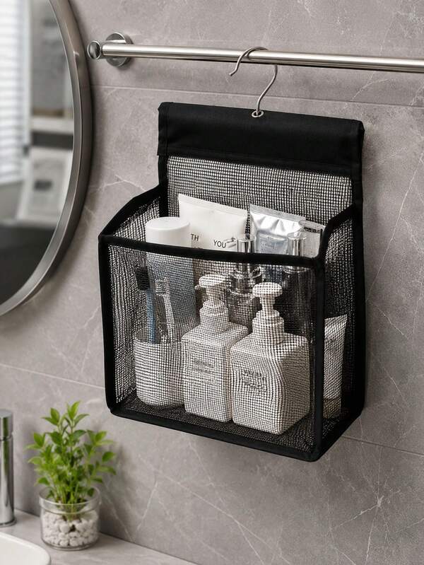1pc Hanging Mesh Bathroom Storage Basket With Metal Hook, Breathable Mesh Shower Caddy For Toiletries, Accessories, Toys, Towels And Daily Essentials