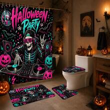 1/4pcs Neon Skull DJ Record Player Pumpkin Pattern Heat-Insulated Home Decor Bathroom Shower Curtain, With 12 Hooks, Suitable For Various Bathroom Scenes, Halloween Music Party Decoration - Skeleton DJ - View 3