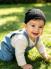 1pc Cute Alphabet Baby Beanie Hat, Soft Stretchy Infant Skull Cap With Chenille Letter Patch, Personalized Newborn Hat, Baby Girls Boys Daily Wear - Black - View 3