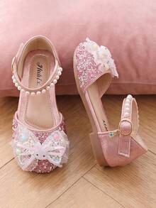 1 Pair Girls Pink Rhinestone Closed Toe Princess Sandals, Rabbit Colorful Beads Bow + Pearl Strap, Adjustable Gold Rhinestone Buckle, Non-Slip Thin Flat Sole, Breathable Lightweight Summer Shoes, Suitable For Toddlers.Kids Daily.Party.Wedding.Travel Wear - Pink - View 3