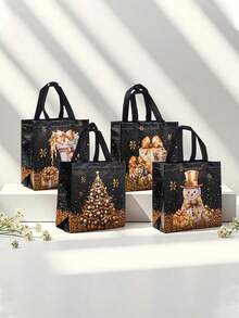 4pcs/1pc Black Christmas Gift Bags With Handles, Christmas Tree And Snowman Pattern, Portable Party Gift Bags, Non-Woven Fabric Shopping Bags, Suitable For Christmas And Daily Use - One Size Fits All - View 4