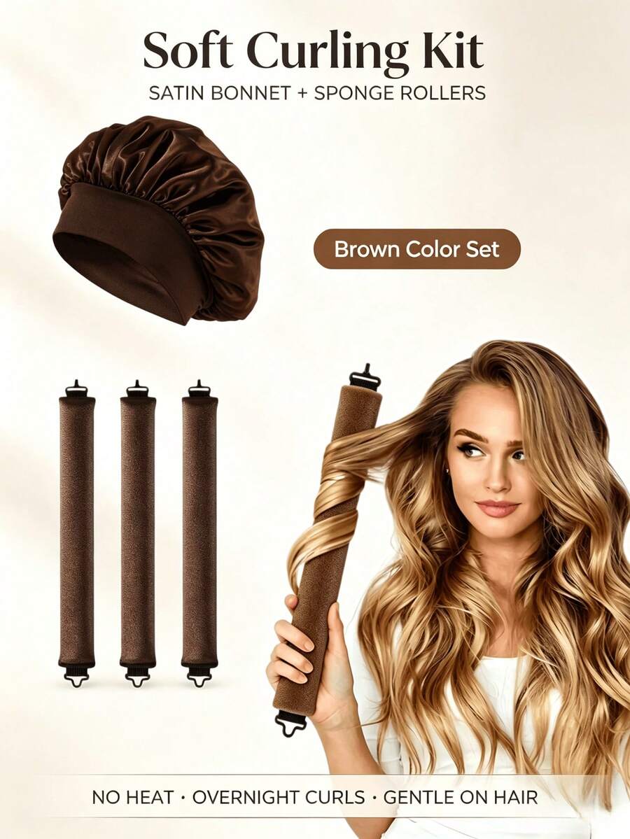 1 Set Heatless Curling Set With Satin Sleep Cap, Heatless Foam Curlers For Overnight Natural Waves, Soft Foam Curling Rods, Damage-Free DIY Hairstyling Tool, 3 Colors Black/Coffee/Pink, Gentle Curling Kit For Women With Long Hair For Sleeping