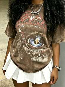 Cotton Clothes Y2K-Inspired Letter Print T-Shirt,Casual Crew Neck Short Sleeve, Perfect For Spring Summer Fall, Fashion Streetwear Unisex, Graphic Tee - 棕色1 - 查看 1