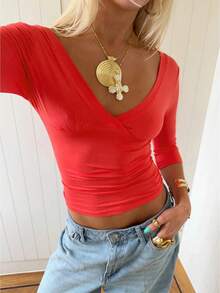 Womens Surplice Wrap Deep V 3/4 Sleeve Crop Top, Side Ruched Stretch Slim Y2K Layering Going Out Blouse - Red - View 1
