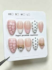 10 Peças Unhas Postiças em Formato de Amêndoa Feitas à Mão, Estilo Francês Vintage Doce Suave, Degradê Rosa, Estampa de Crocodilo Rosa e Bolinhas Pretas com Padrão de Anel Dourado Metálico, Adequado para Mulheres e Meninas, Primavera, Verão, Outono, Inverno, Festa de Feriado e Uso Diário - Rosa chiclete - Visão 3