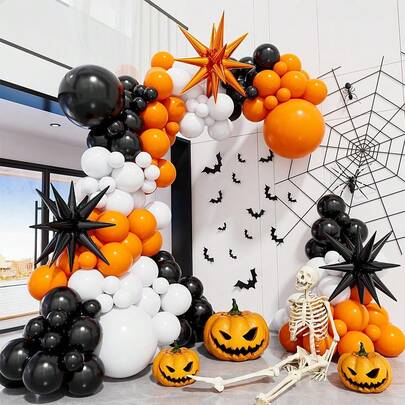 119pcs Halloween Balloon Garland Arch Kit, Orange And Black Balloon Arch White, Star Foil Balloons 18 12 10 5 Inch Latex Balloons For Halloween Birthday Babyshower Party Decorations