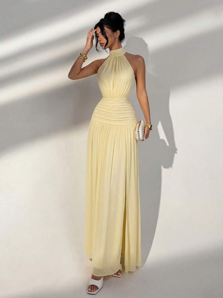 Elegante vestido amarillo con cintura fruncida y espalda descubierta, adecuado para bodas, fiestas, vacaciones en la playa, salidas, eventos de verano, fiestas de graduación - Amarillo - Ver 1