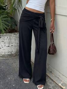 HoloChill bequeme Damen-Hose mit geradem Bein, gewebter Stoff mit modischem Gürtel, leicht elastisch, Sommer-Lässig 2026 neue Unterteile, Damen-Lässig-Outfits zum Ausgehen, Schulanfang, Homecoming, Herbst/Winter, französischer Stil - Schwarz - Übersicht 7