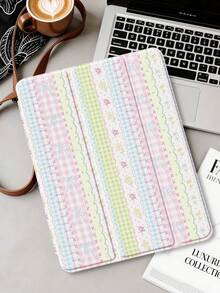 粉綠格紋花卉拼接平板保護殼，相容 iPad Mini6/Mini7/Air/Air2/9.7/10.2/10.5/10.9 (Air4-Air8)/Pro 11/10th Gen/A16/Pro 11 2024 機型，彩繪圖案平板套，透明壓克力背殼，三折支架，睡眠/喚醒，內置筆槽，不含筆，部分機型附相機框 - 彩色 - 查看 3