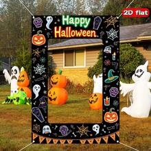 1件大尺寸萬聖節拍照背景布，Happy Halloween派對裝飾，南瓜燈、幽靈與蝙蝠圖案，適用室內/戶外攝影棚、大型派對佈置、鬼屋與活動場景，無需電源，安裝簡單 - 彩色 - 查看 5