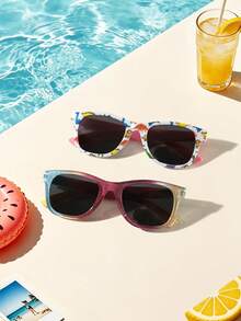 2 pièces/Set Lunettes de mode carrées pour enfants de 6 à 9 ans, montures imprimées de dessins animés multicolores, matériau PC, légères et décontractées, convenant aux activités de plein air, avec étui à lunettes - Multicolore - Voir 13