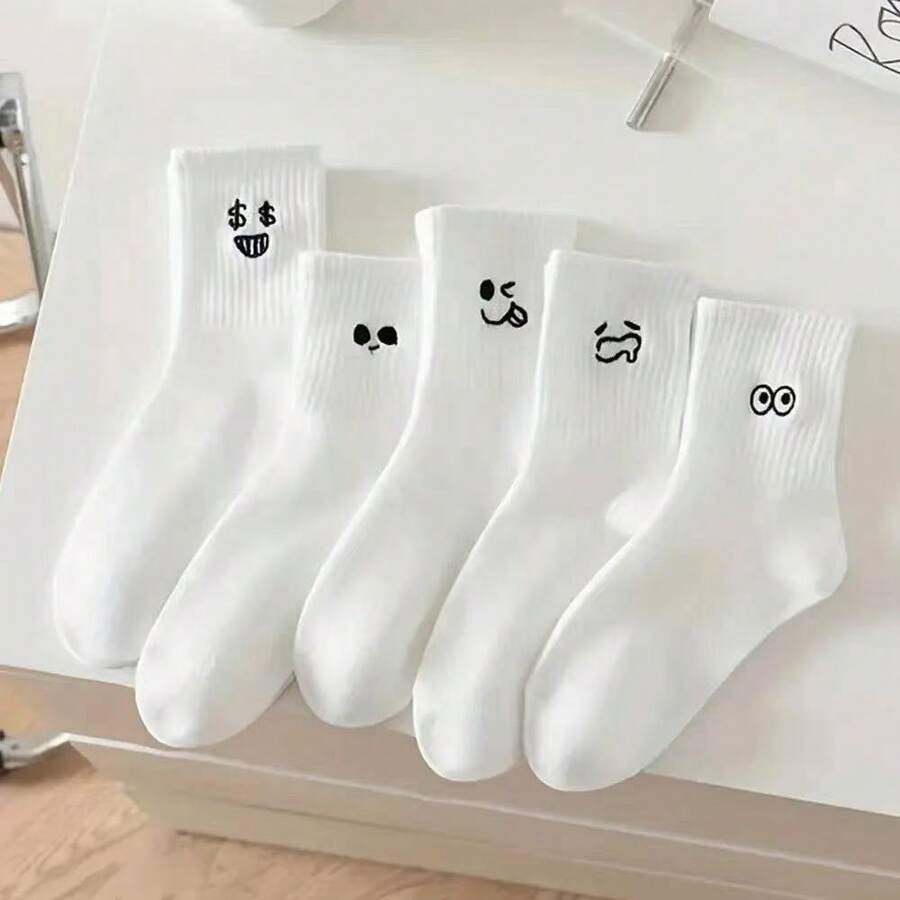 5 Pairs Women's Mid-Calf Socks, Thin Style, Student Socks, Japanese Style, White, College Sports Long Socks, Spring/Autumn/Winter/Summer (Mixed) - Crew Socks - View 1