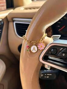 Elegant Letter Car Steering Wheel Pendant, Gold-Plated Chain With Tulip And Daisy Charms, Car Interior Decoration, Car Accessories, Travel Companion - Steering Wheel Decorative Chain - View 9