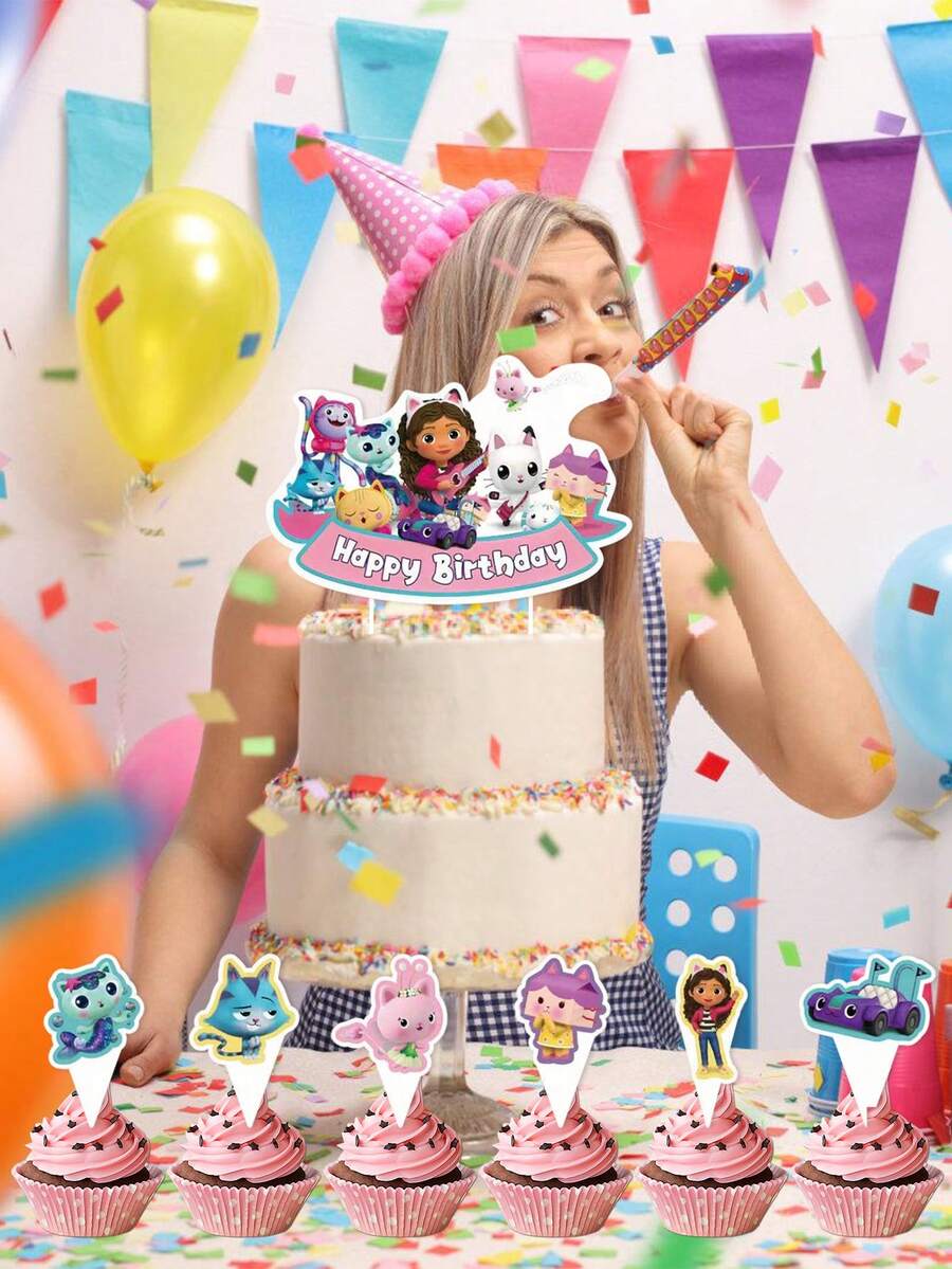 MASSDI Gabby Dollhouse Theme Cupcake Toppers Set, 2 Options 13pcs/25pcs, Cartoon Character Cake Decoration Picks, Complete Dessert Decoration Set, Suitable For Birthday Celebrations, Holiday Parties And Gabby Dollhouse Theme Scene Decor - View 1