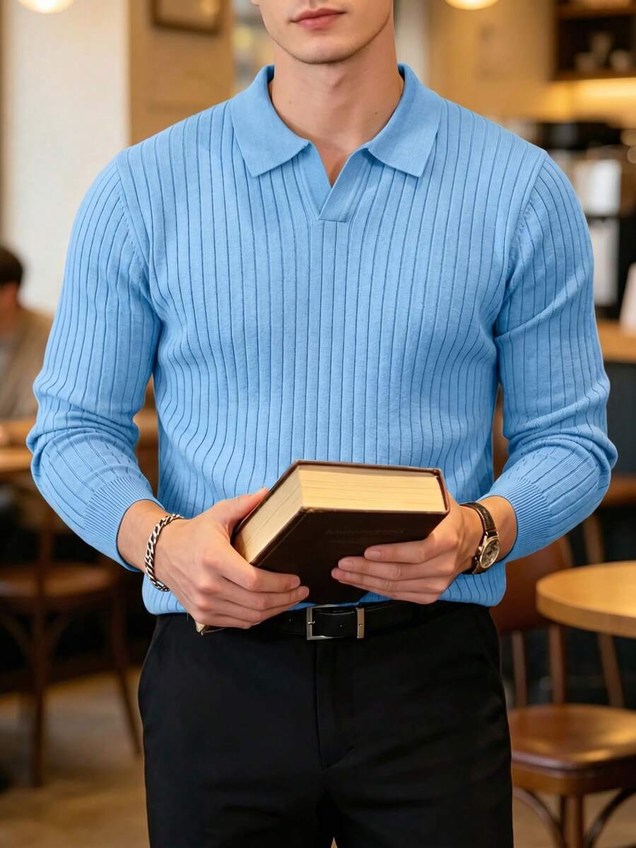 ALTZTAR 男士寬鬆版型薄款長袖羅紋針織 Polo 衫,極簡時尚,適合日常通勤,春秋穿著 - 淺藍色 - 查看 1
