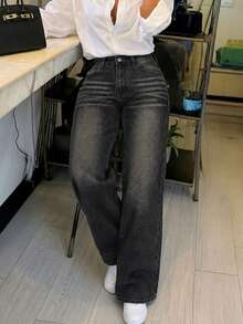 Women's Casual Grey Straight Leg Jeans, Long Non-Stretch Button Detail Vintage Punk Style Pants, Suitable For Daily Wear, High Waist Design - Dark Grey - View 2