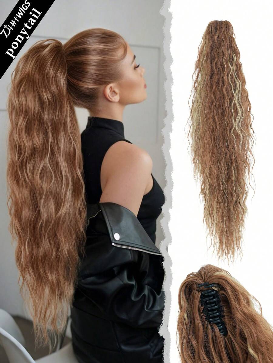 7JHH WIGS 34英吋超長深波浪馬尾接髮-暖金色挑染抓夾式馬尾接髮,蓬鬆自然感合成髮片,適合女性日常配戴、派對使用與萬聖節 - 銅色 - 查看 1