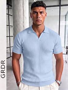 Suéter de punto de manga corta de unicolor para hombres GRDR, de moda para el verano - Celeste - Ver 4