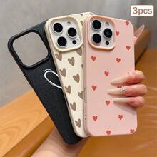 3pcs Heart Print Faux Leather Texture Anti-Drop Anti-Scratch Anti-Slip Phone Case Set, Kawaii Heart Aesthetic Design (Red Mini Heart, Beige Gradient Heart, White Line Heart), Compatible With IPhone 11/12/13/14/15/16/16 Plus/17/17 Pro/17 Pro Max/16e & Galaxy S24 Ultra/S25 Ultra/A06 - Multicolor - View 5