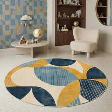 1pc Modern Round Area Rug - Navy Blue, Mustard Yellow, Beige Geometric Pattern Decorative Carpet, Suitable For Decorative Mat, Bedroom Decor, Living Room Carpet, Outdoor Rug, Machine Washable Carpet, Home Decor - Multicolor - View 12
