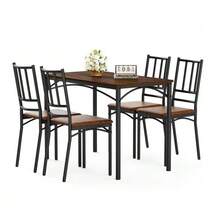 Dining Table Set, Bar Table With 4 Dining Chairs, Kitchen Table With Chairs, Industrial Breakfast Table For Kitchen, Living Room, Party Room, Walnut Wood, 110cm*60cm*76.5cm - Brown - View 1