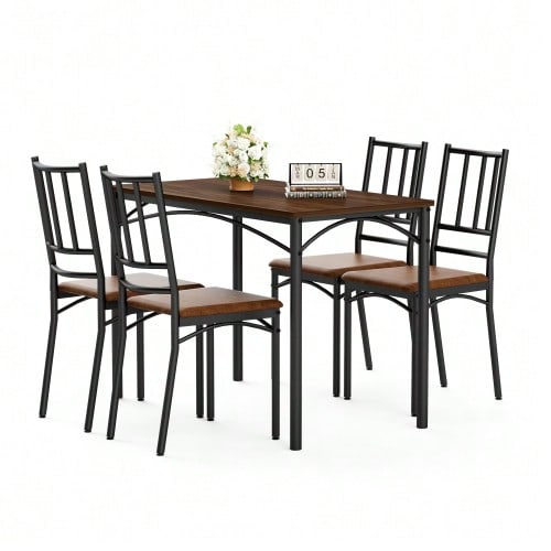 Dining Table Set, Bar Table With 4 Dining Chairs, Kitchen Table With Chairs, Industrial Breakfast Table For Kitchen, Living Room, Party Room, Walnut Wood, 110cm*60cm*76.5cm