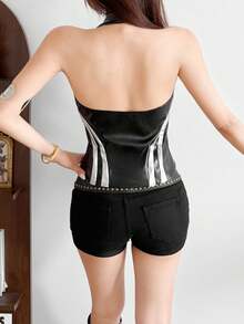 Chic Women's Black Faux Leather Halter Tank Top With Zipper Detail, Perfect Short Cami For New Year's Outfits - Black - View 9