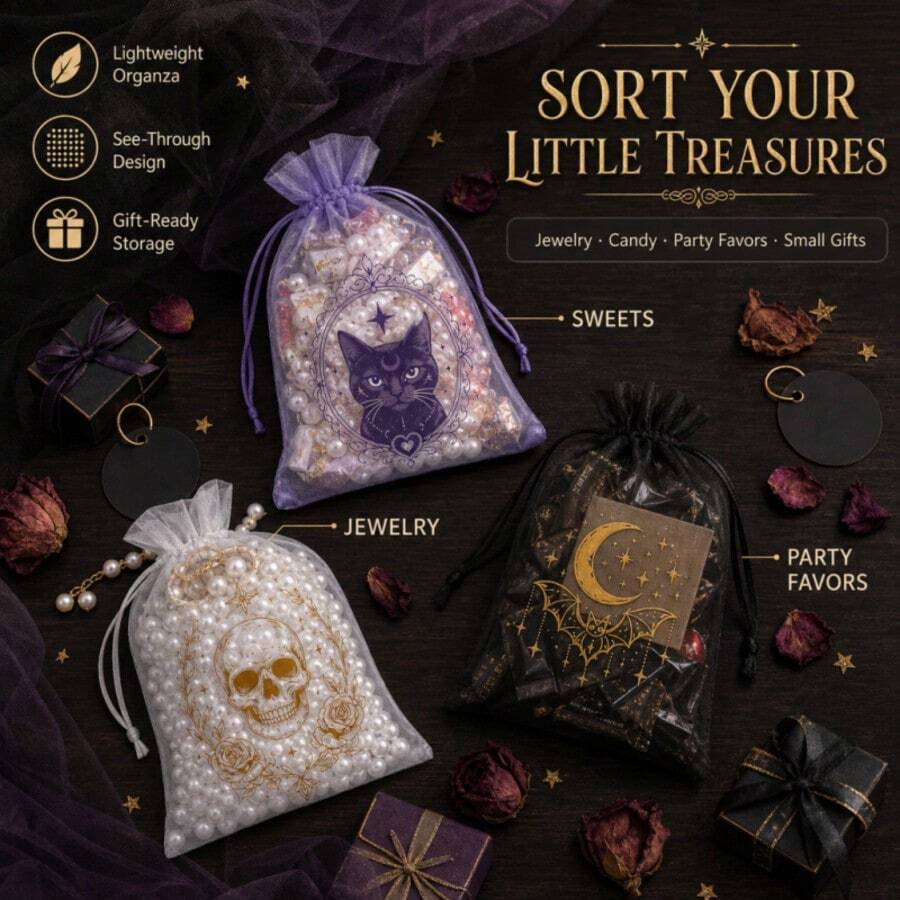 36 Halloween Gift Bags - Made Of Organza Material With Drawstring Design; Patterns Include Vintage Gothic Skulls & Roses, Mysterious Black Cats And Starry Bats; Perfect For "Trick Or Treat" Events, Party Favors, Jewelry & Crystal Packaging And Storage - Multicolor - View 1