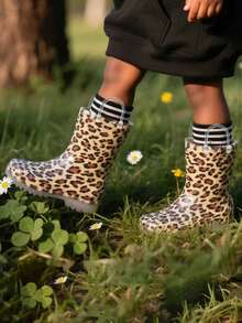 HSYAAMOO Children's Leopard Print Pull-On Mid-Calf Rain Boots, Transparent Non-Slip Sole Fashionable Waterproof Rubber Water Shoes, Suitable For Boys And Girls Outdoor - Brown - View 6