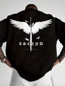 Men's Graphic Print Oversize T-Shirt With Ascend Lettering Wing Design, 100% Cotton, Loose Fit, Casual Tee For Outdoor Sports And Beach Parties, Suita - Black - View 1