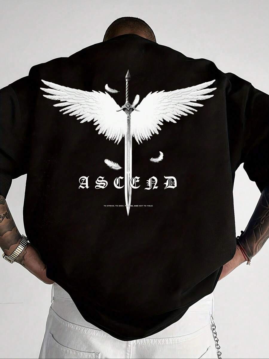 Men's Graphic Print Oversize T-Shirt With Ascend Lettering Wing Design, 100% Cotton, Loose Fit, Casual Tee For Outdoor Sports And Beach Parties, Suita - Black - View 1
