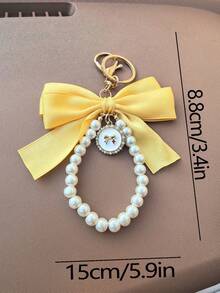 Pearl Bow Phone Lanyard Keychain Versatile Bag Charm - Yellow - View 3