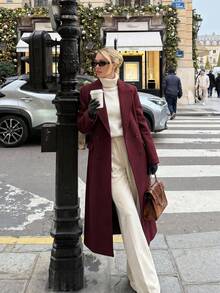 Abrigo cortavientos de doble botonadura elegante de mezcla de lana de corte holgado para mujer, nueva moda de otoño/invierno - Burdeos - Ver 1