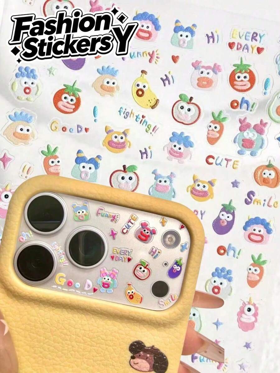 1 pièce Autocollant en résine style Ins, décalcomanie auto-adhésive amusante de petit monstre avec expression de fruits & légumes, petit monstre de dessin animé mignon avec design d'expression de légumes & fruits, autocollant décoratif DIY compatible avec coque de téléphone (inclut film d'objectif compatible 17 Pro Max) / matériel de papeterie, matériel de planification, idéal pour usage personnel et ambiance - Autocollants de papeterie de dessin animé 1 - Voir 1