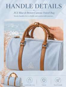 3CE Blue & Brown Canvas Travel Bag, Durable Canvas With Brown Leather Handles, Smooth Zipper Closure, Large Capacity, Lightweight Handheld, Daily Use - Blue-brown - View 7