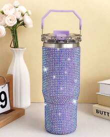 Full Bling Rhinestone Tumbler With Portable Carry Handle, Flip Straw Lid Stainless Steel Vacuum Insulated Sparkly Travel Iced Coffee Water Mug - 30oz Handheld Diamond Cup (Purple) - View 4
