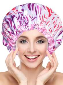 1pc Extra Large Women's Black & White Shower Cap, Double Layer PEVA Hair Cap, Shower Accessories - View 2