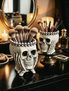1pc Gothic Skull Makeup Brush Holder Resin Skeleton Cosmetic Storage Rack Dark Romantic Vanity Organizer Witchy Bedroom Halloween Home Decor Unique Gothic Style Gift For Women - C - View 1