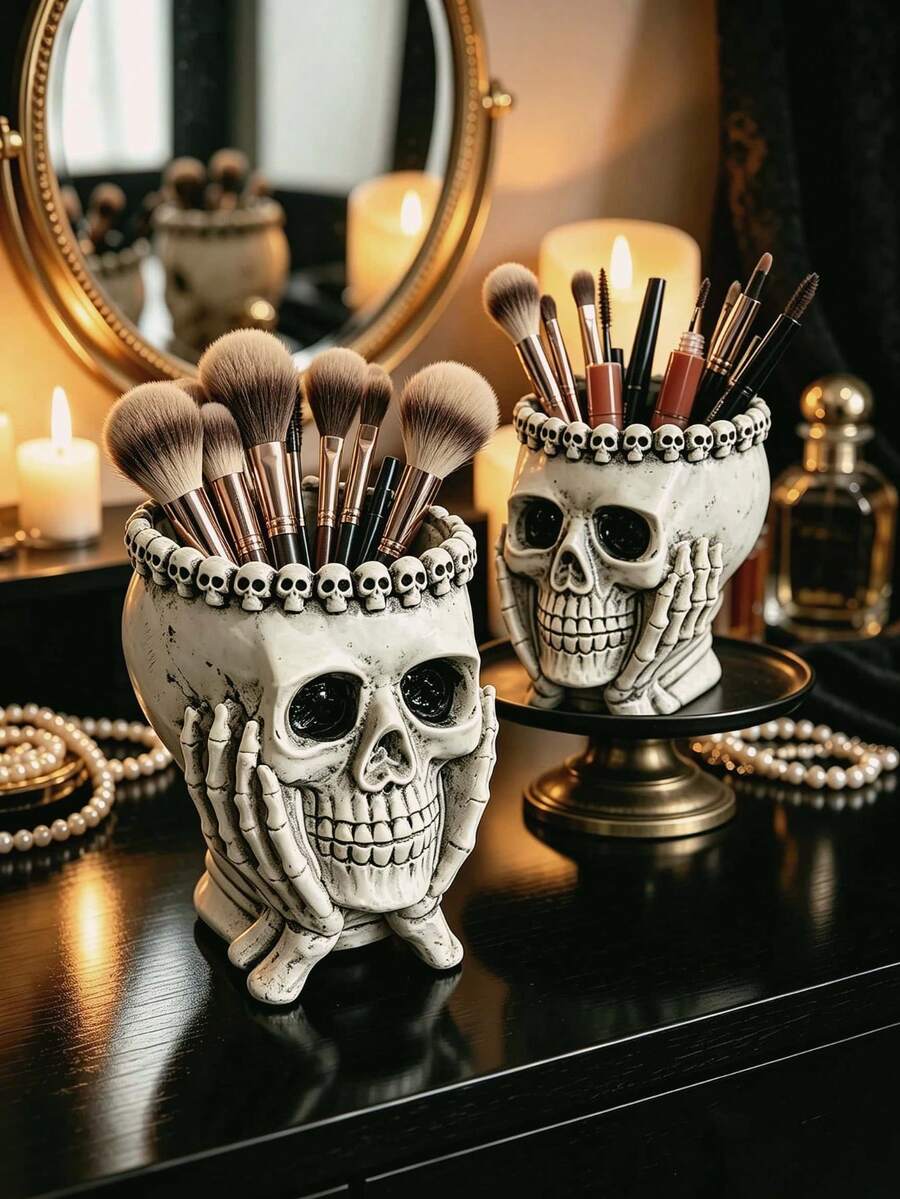 1pc Gothic Skull Makeup Brush Holder Resin Skeleton Cosmetic Storage Rack Dark Romantic Vanity Organizer Witchy Bedroom Halloween Home Decor Unique Gothic Style Gift For Women - C - View 1
