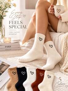 10/5/1 Pair Women's Fluffy Fuzzy Socks, Heart Embroidered Warm Comfortable Winter Casual Mid-Calf Socks - Multicolor - View 7