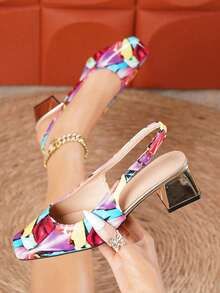 2026 New Women's Retro Color Block Graffiti Print Square Toe Slingback Sandals, Comfortable Metal 4.5cm Chunky Heel Closed Toe Sandals, European And American Style Party Date Versatile Fashion Shoes - Multicolor - View 6